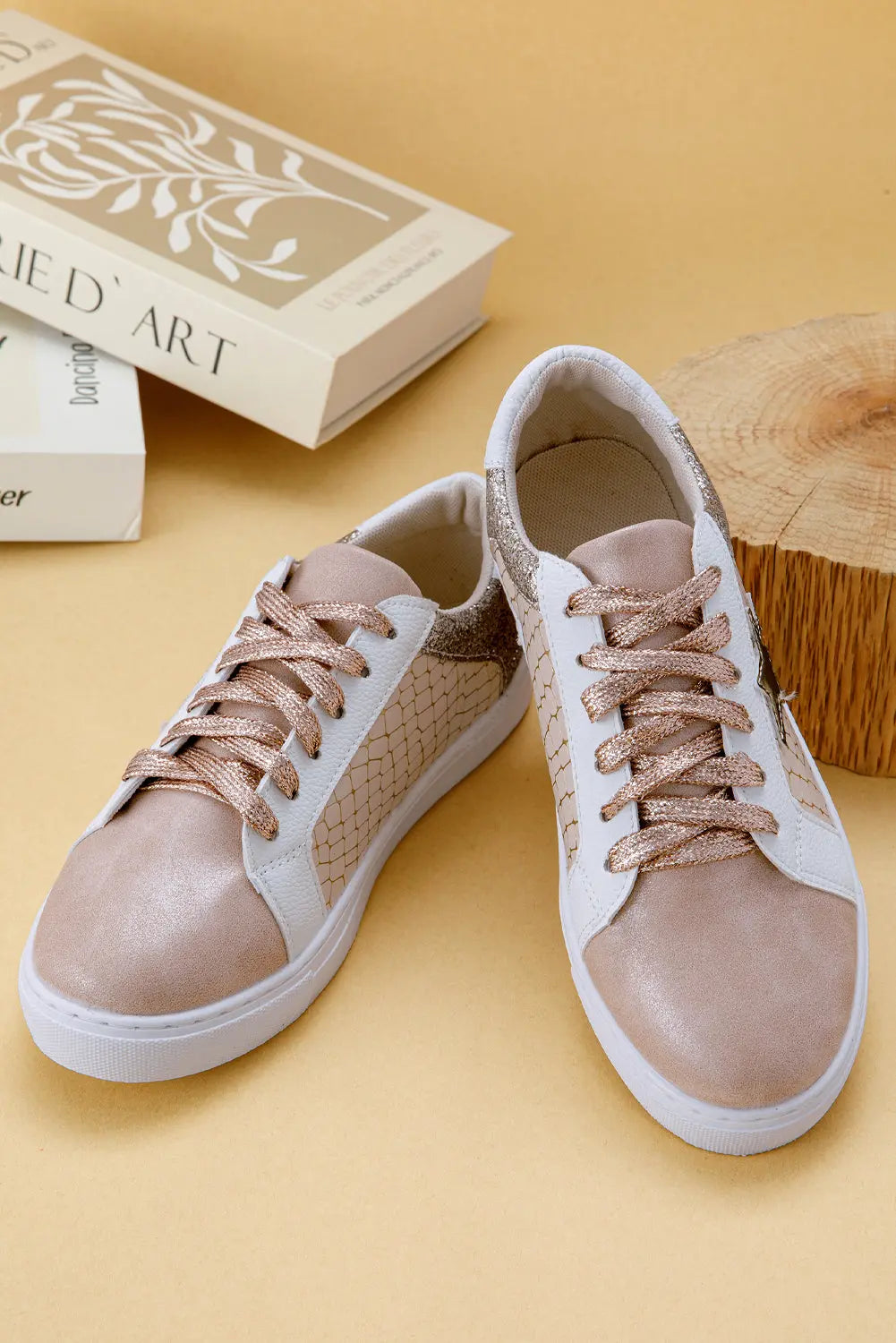 Dearlove Gold Glitter Star Patchwork PU Leather Lace-up Sneakers Markonline