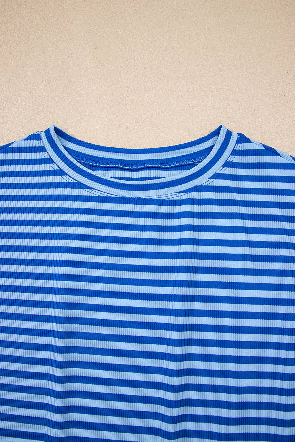 Sky Blue Stripe Ribbed Cap Sleeve Round Neck T Shirt Markonline