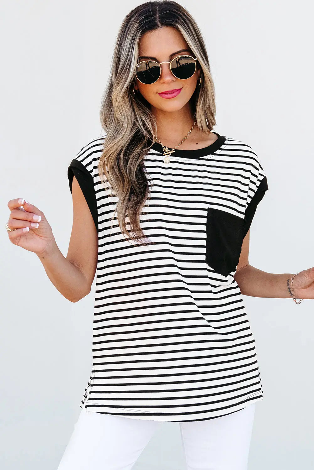 Black Stripe Chest Pocket Patch Round Neck Tank Top Dear-Lover Dropshipping
