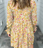 Yellow Floral Print Frilly Trim Smocked Cuff Long Sleeve Loose Shirt Dress Markonline