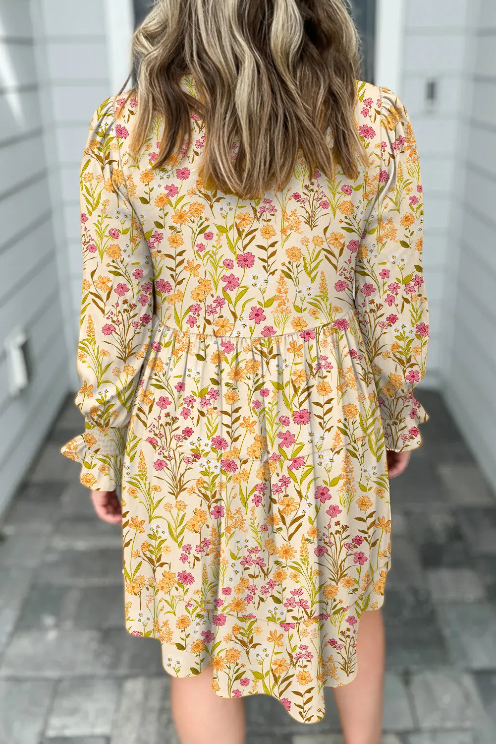 Yellow Floral Print Frilly Trim Smocked Cuff Long Sleeve Loose Shirt Dress Markonline