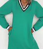 Mint Green Varsity Contrast Striped V Neck Long Sleeve T Shirt Dress with Pockets Markonline
