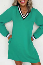 Mint Green Varsity Contrast Striped V Neck Long Sleeve T Shirt Dress with Pockets Markonline