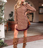Red Plaid Print Ruffled Long Sleeve Patchwork Hem Mini Shirt Dress Markonline