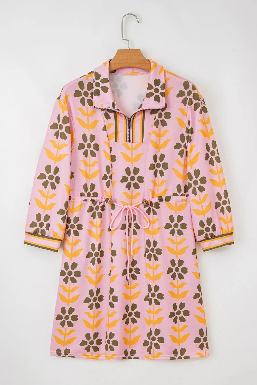 Pink Floral Print Zip Neck Striped Patchwork Long Sleeve Drawstring Dress Markonline