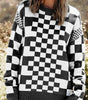 Black Checkered Print Drop Shoulder Round Neck Sweater Dear-Lover Dropshipping