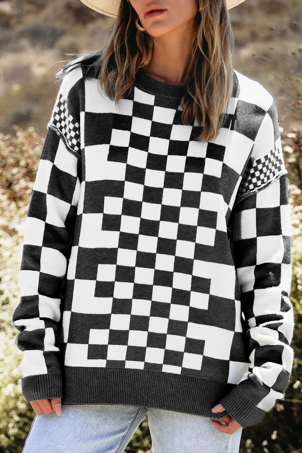 Black Checkered Print Drop Shoulder Round Neck Sweater Dear-Lover Dropshipping