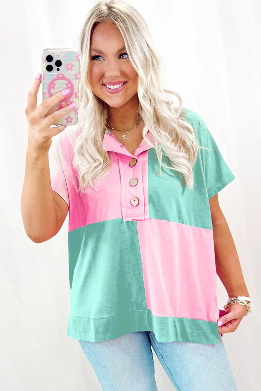 Mint Green Two Tone Half Buttons Collared T Shirt Markonline