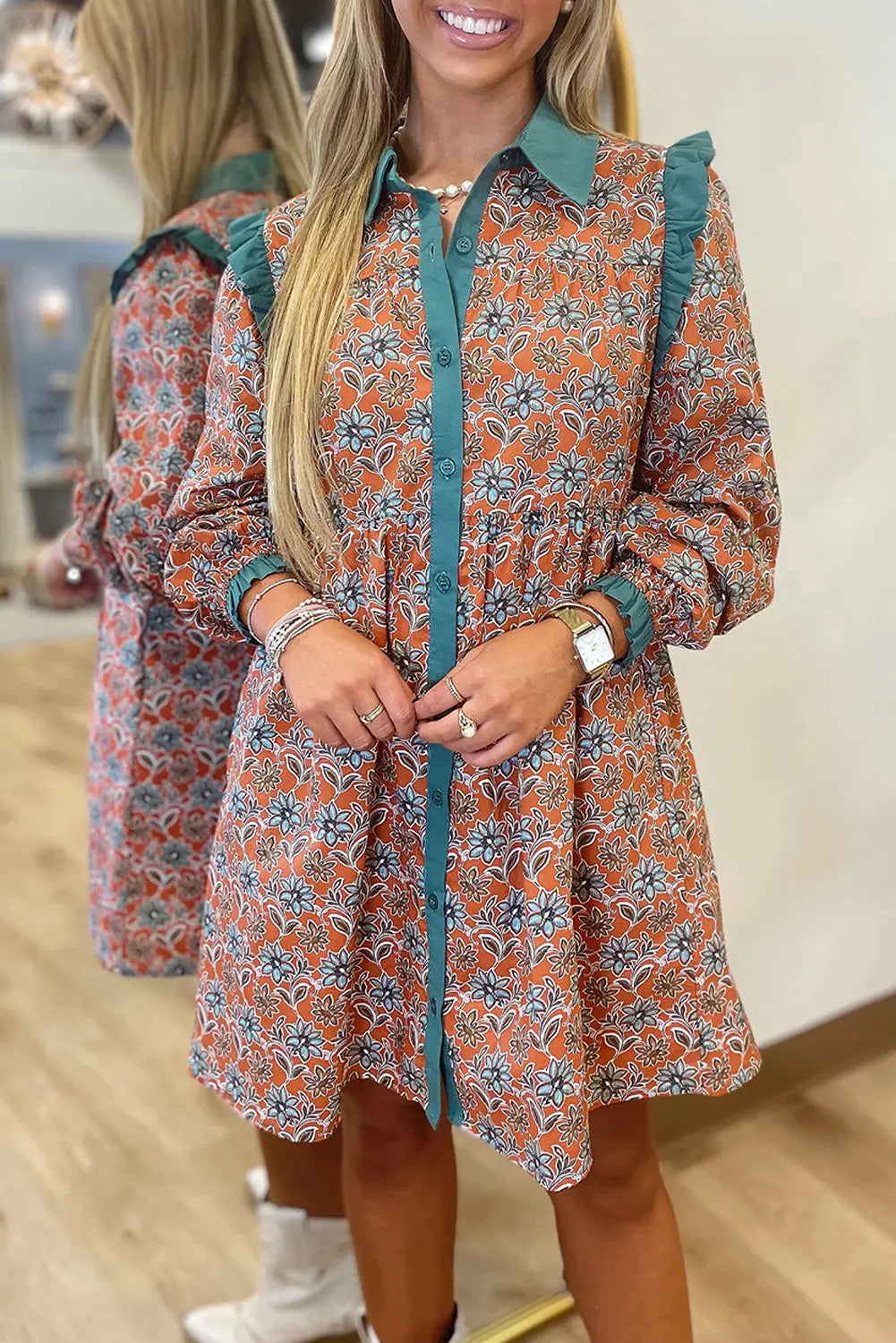 Orange Boho Floral Contrast Collared Shirt Mini Dress Markonline