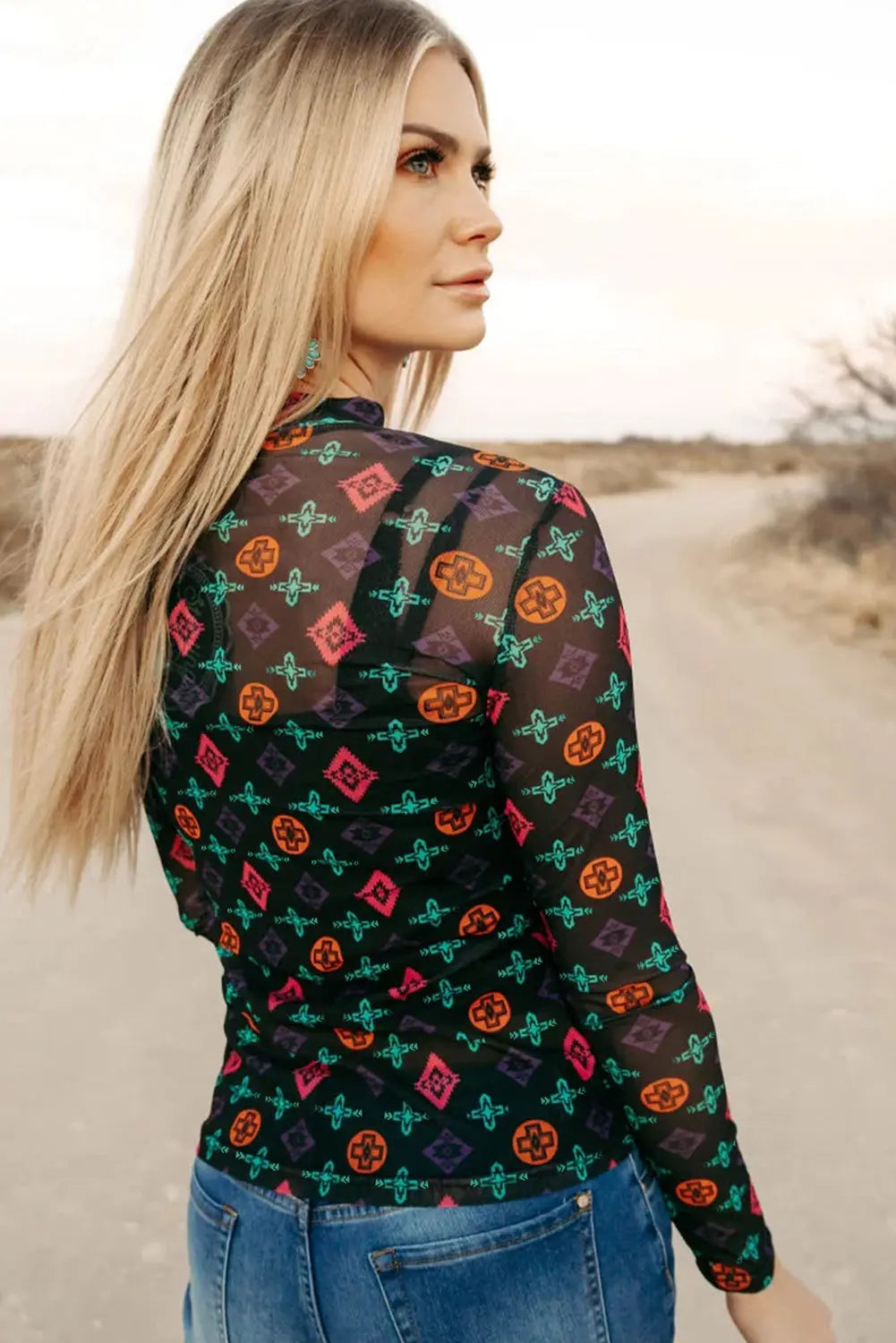 Black Western Aztec Printed Long Sleeve Mesh Top Dear-Lover Dropshipping