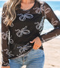 Black Round Neck Bow Print Long Sleeve Mesh Top Markonline
