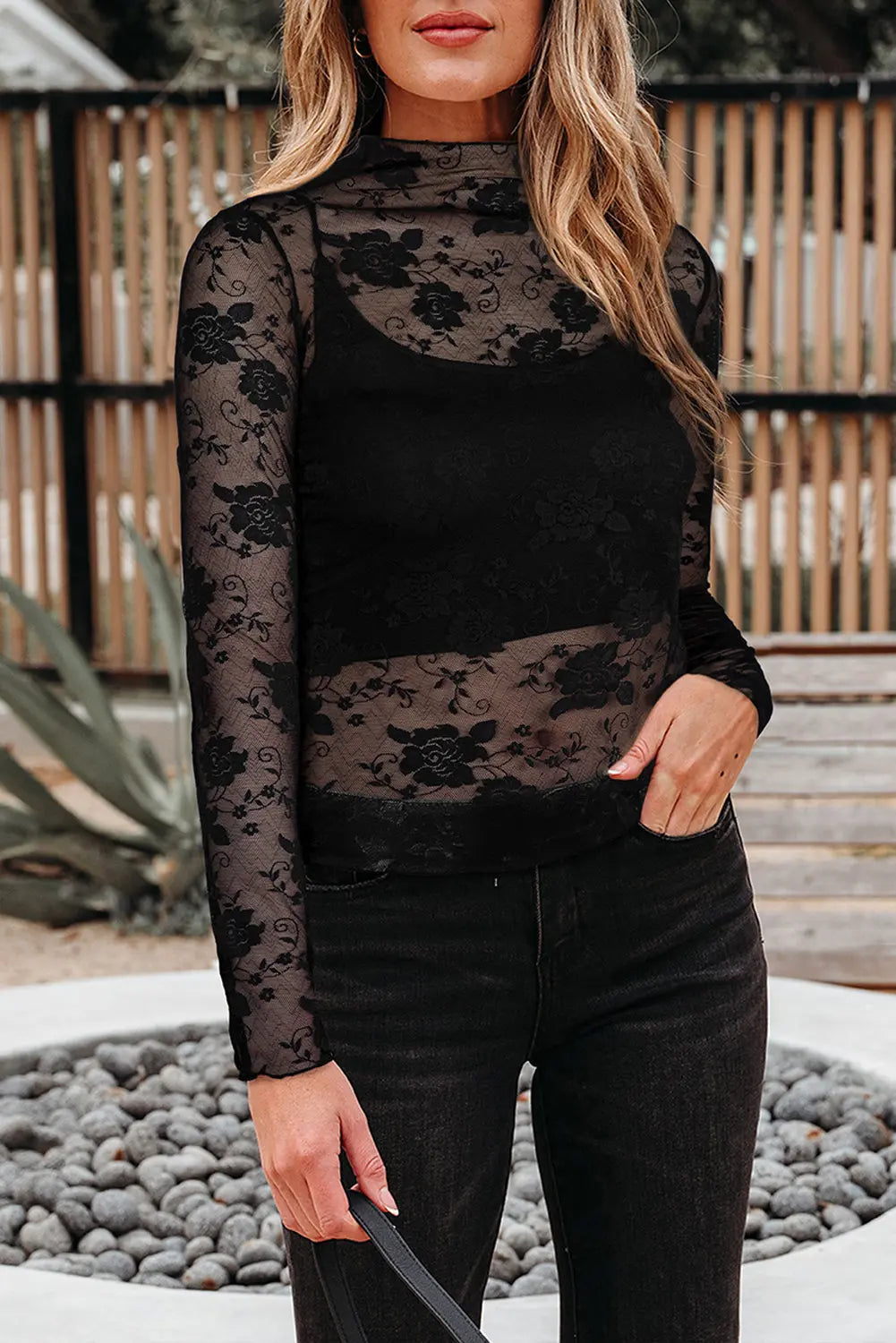 Black Sheer Floral Lace Mesh Mock Neck Long Sleeve Top Dear-Lover Dropshipping
