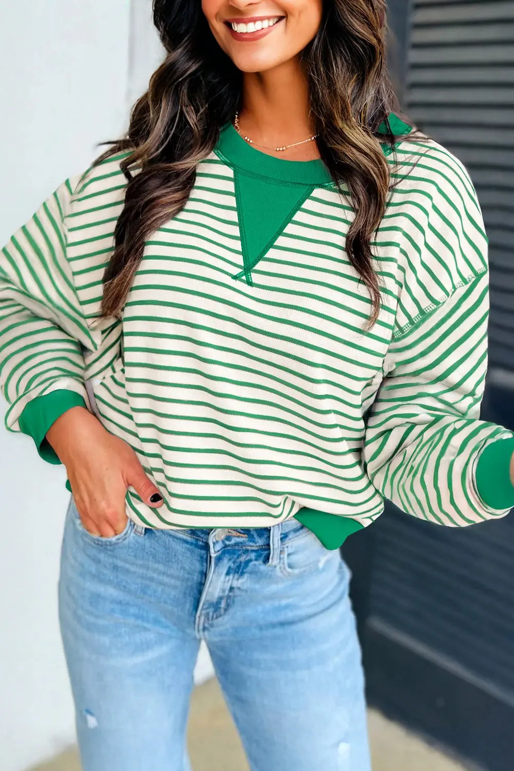 Bright Green Striped Exposed Seam Patchwork Loose Pullover Top Markonline