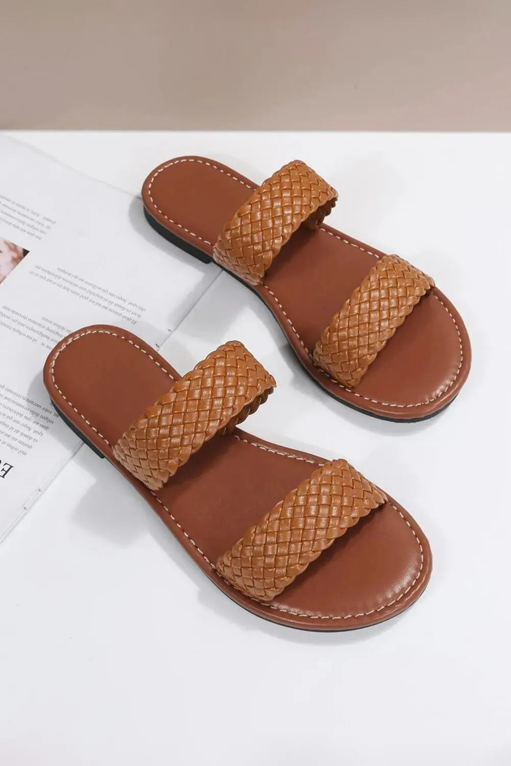 Chestnut Braided Double Band Leathered Flat Slippers Markonline