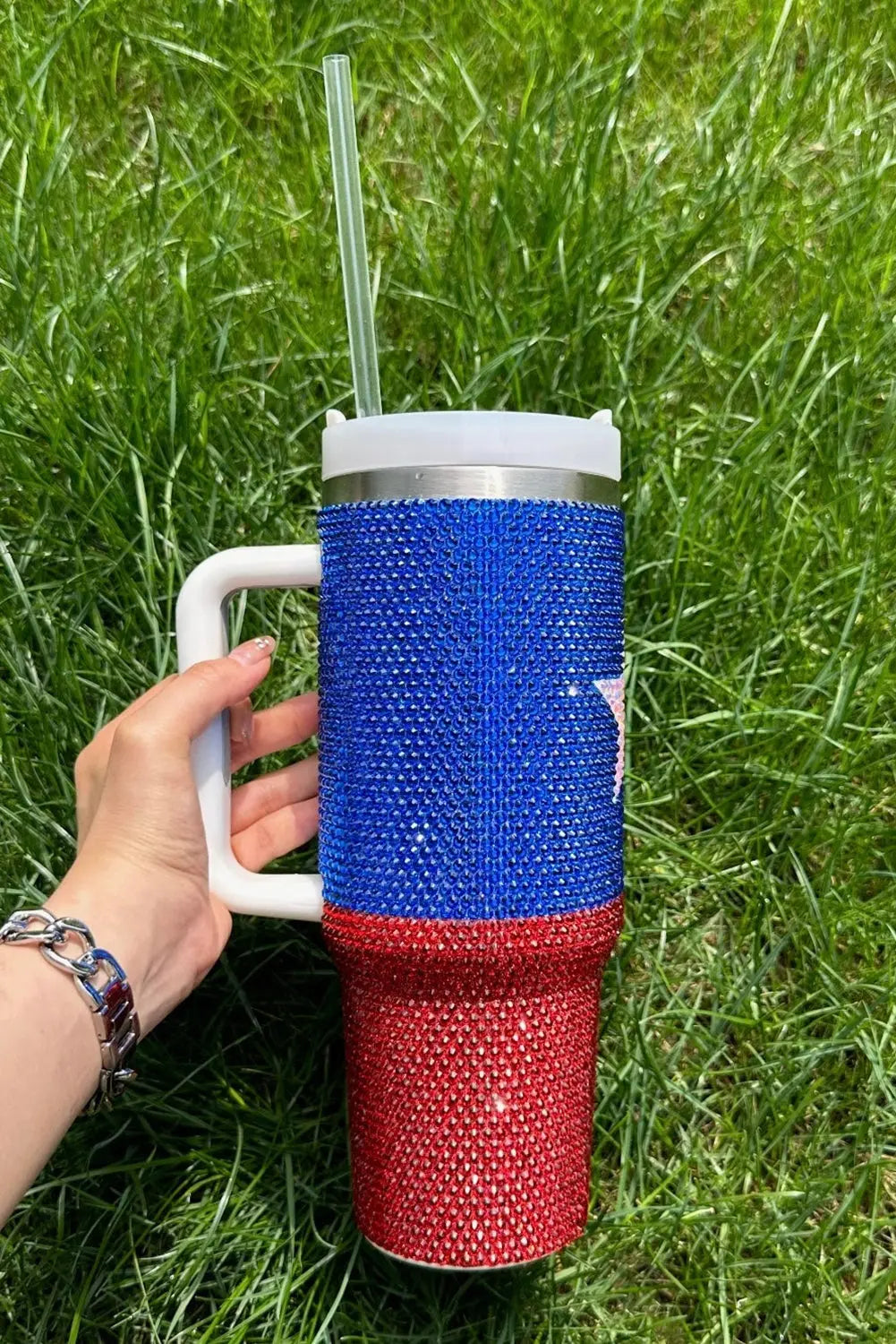 Dark Blue American Flag Star Full Rhinestone Handle Tumbler 40oz Dear-Lover Dropshipping