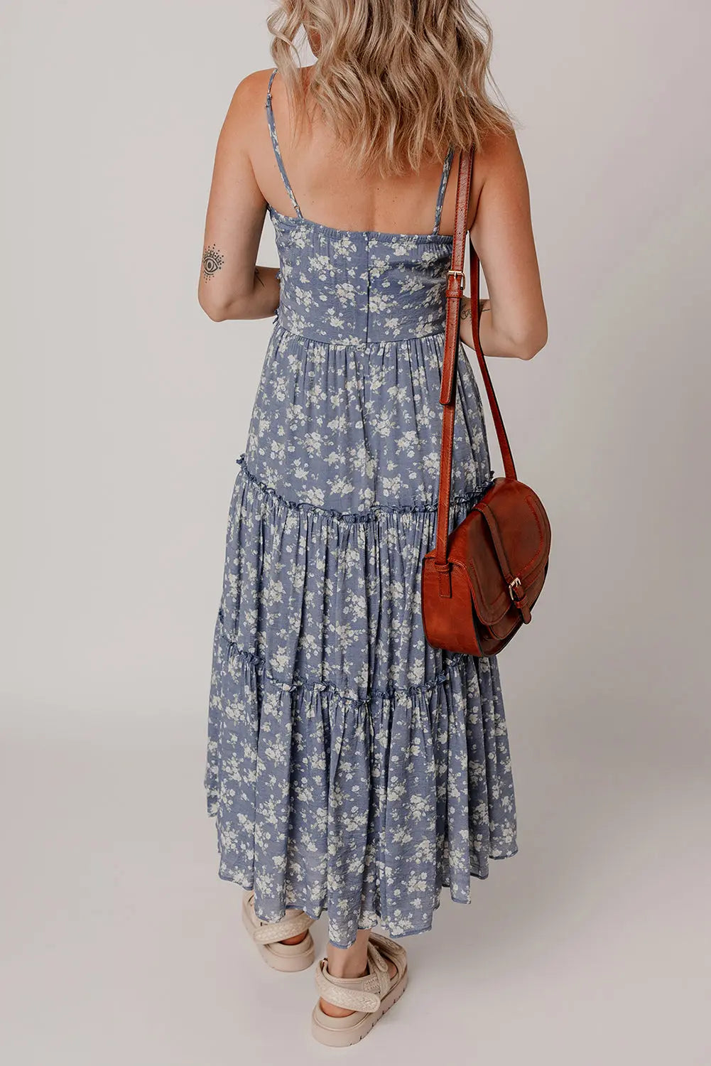 Blue Floral Spaghetti Strap Frilled V Neck Tiered Midi Dress Markonline