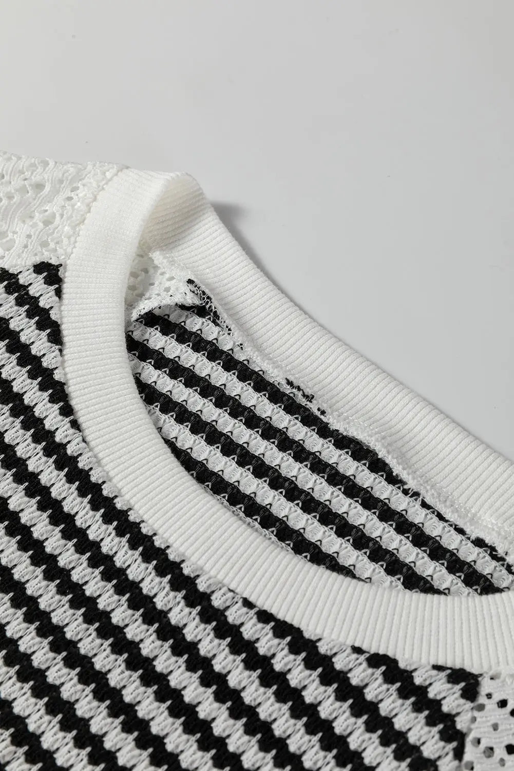 Black Stripe Textured Knit Contrast Hollowed Lace Patchwork Long Sleeve Top Dear-Lover Dropshipping