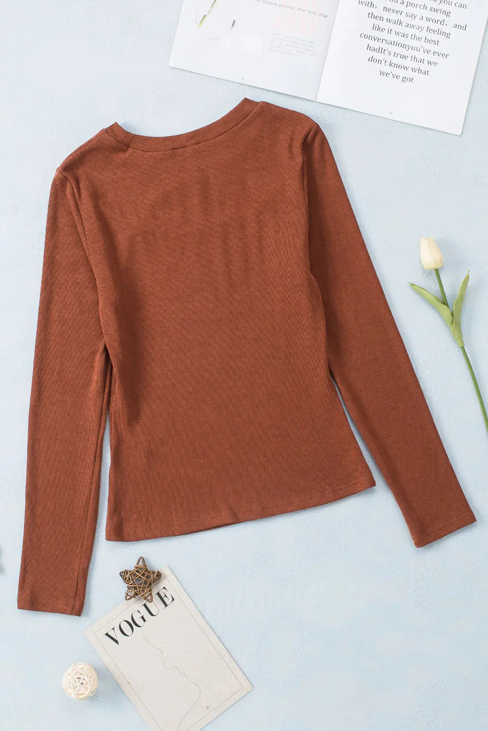 Brown Ribbed Peekaboo Cutout Long Sleeve Top Dear-Lover Dropshipping