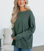 Mist Green Waffle Knit Patchwork Long Sleeve Loose Top Markonline