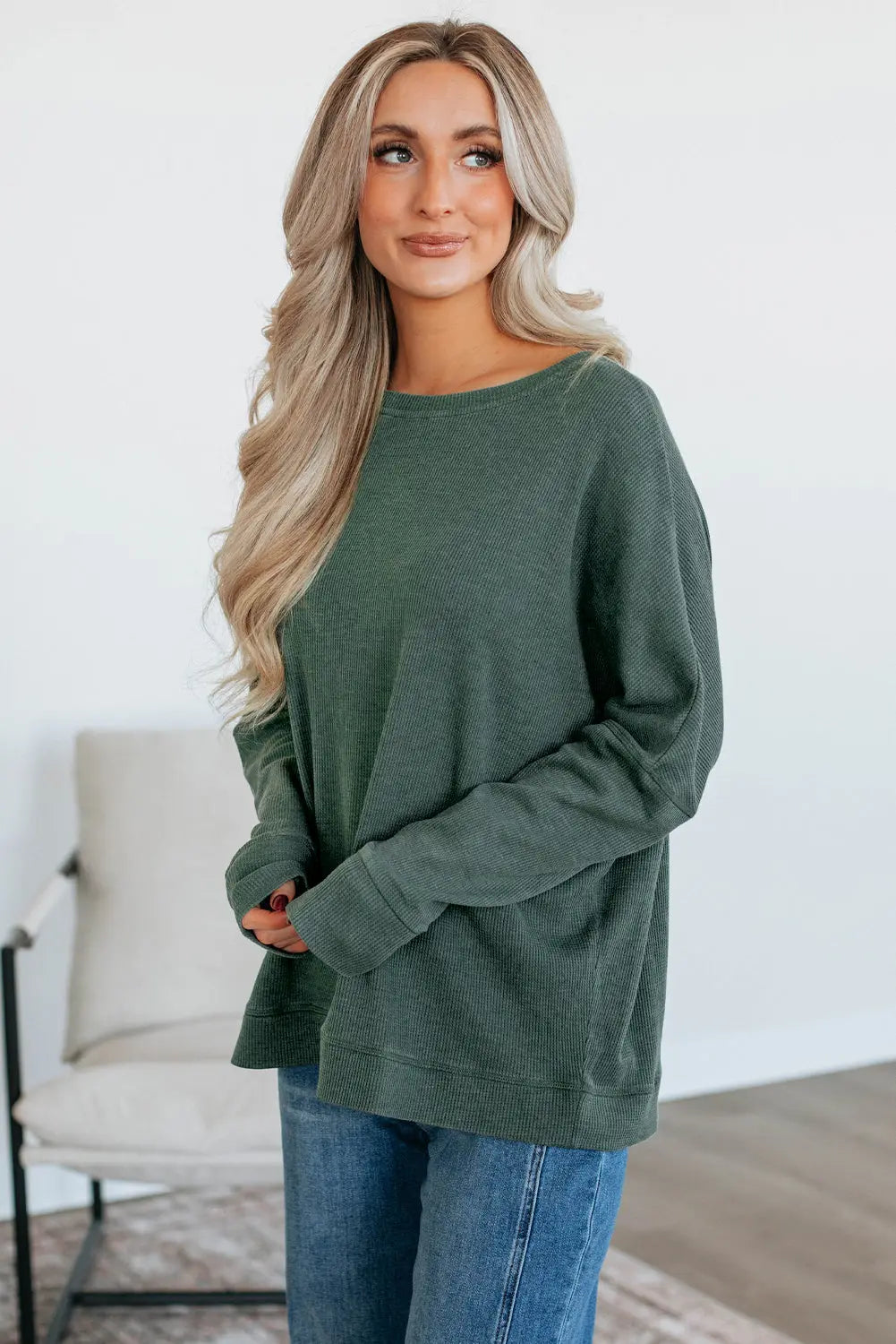 Mist Green Waffle Knit Patchwork Long Sleeve Loose Top Markonline