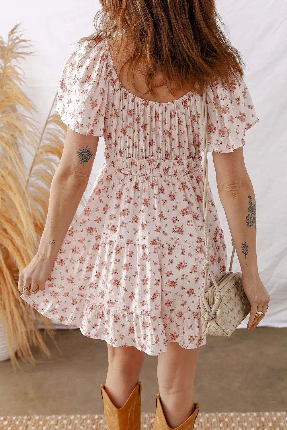 Pink Front Tie Shirred Waist Short Sleeve Ruffled Floral Mini Dress Markonline