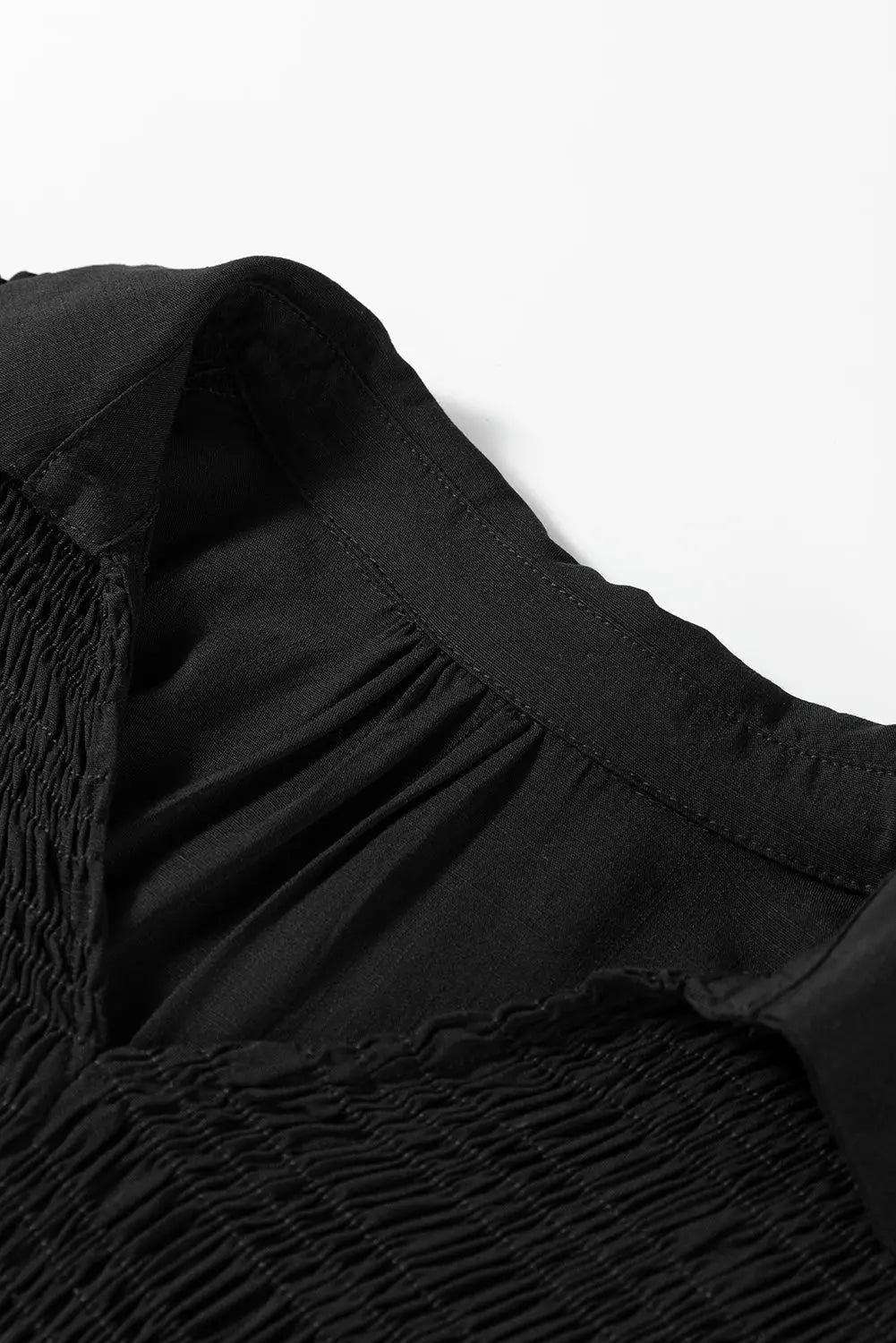 Black Collared V Neck Smocked Detail Contrast Leopard Trim Bracelet Sleeve Long Dress Markonline