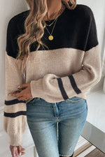 Parchment Color Block Knit Striped Sleeve Detail Casual Sweater Dear-Lover Dropshipping