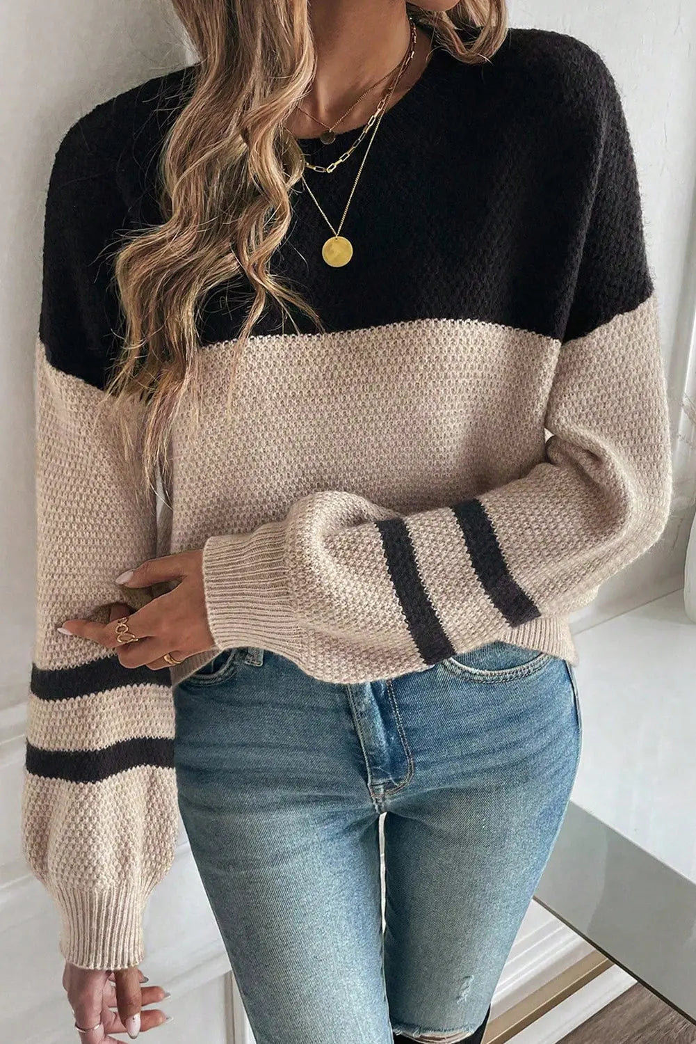 Parchment Color Block Knit Striped Sleeve Detail Casual Sweater Dear-Lover Dropshipping