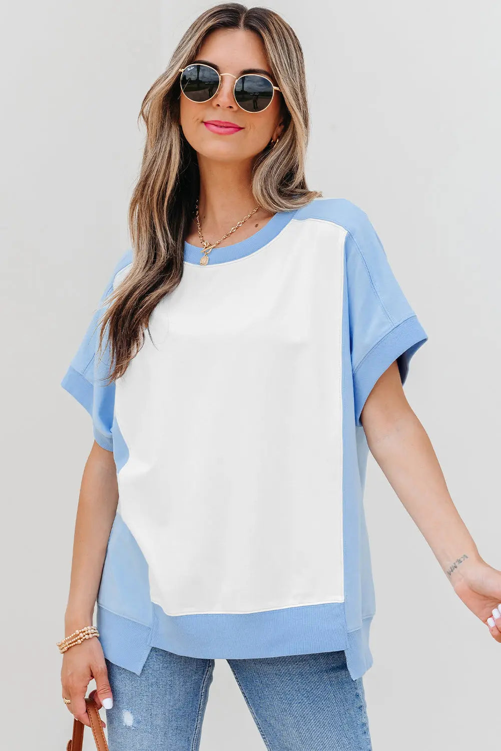 Sky Blue Color Block Exposed Seam Crew Neck T Shirt Markonline