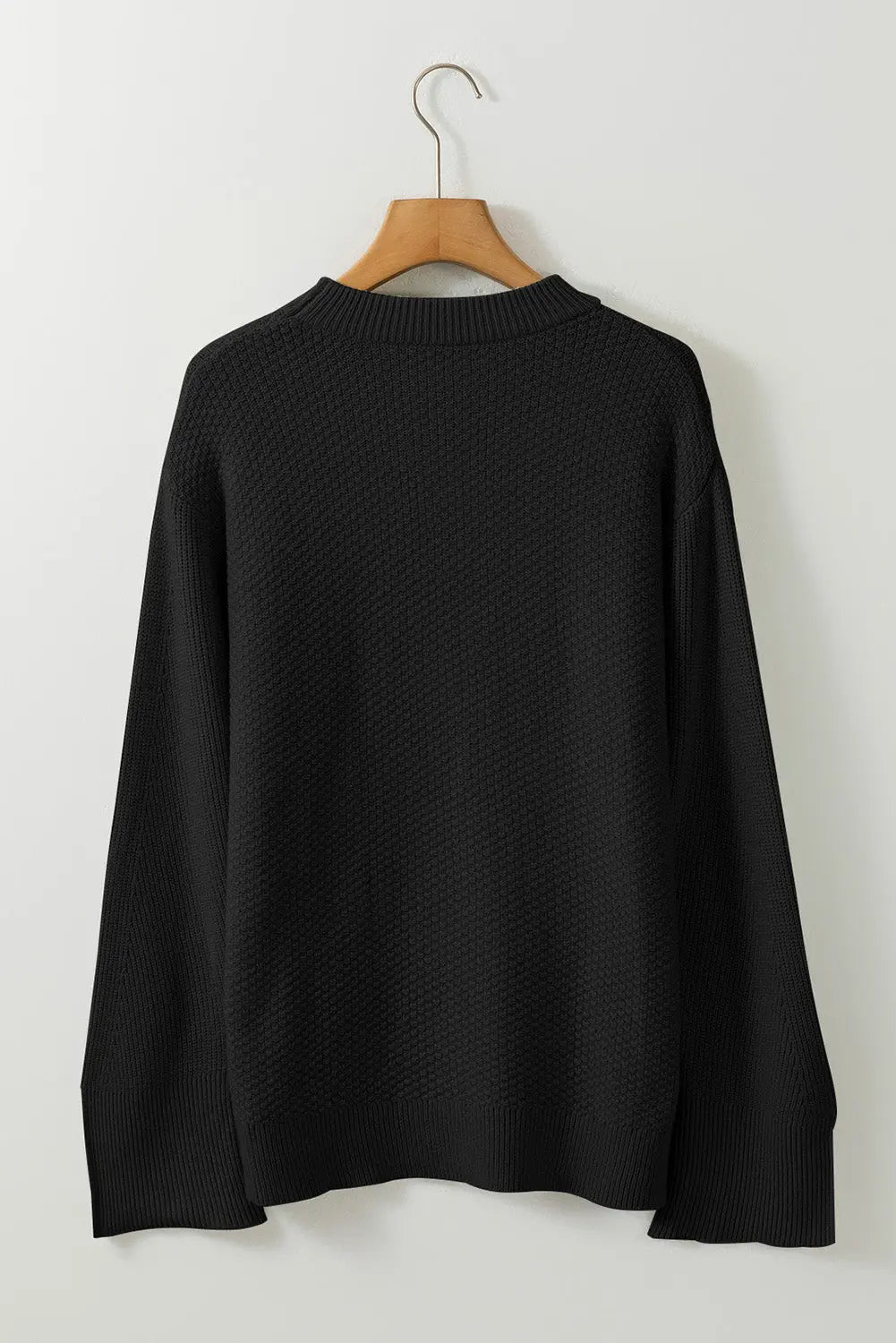 Black Solid Textured Knit Split Cuff Drop Shoulder Loose Sweater Dear-Lover Dropshipping