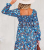 Blue Smocked Bodice High Waist Ruffled Sleeve Floral Dress Markonline