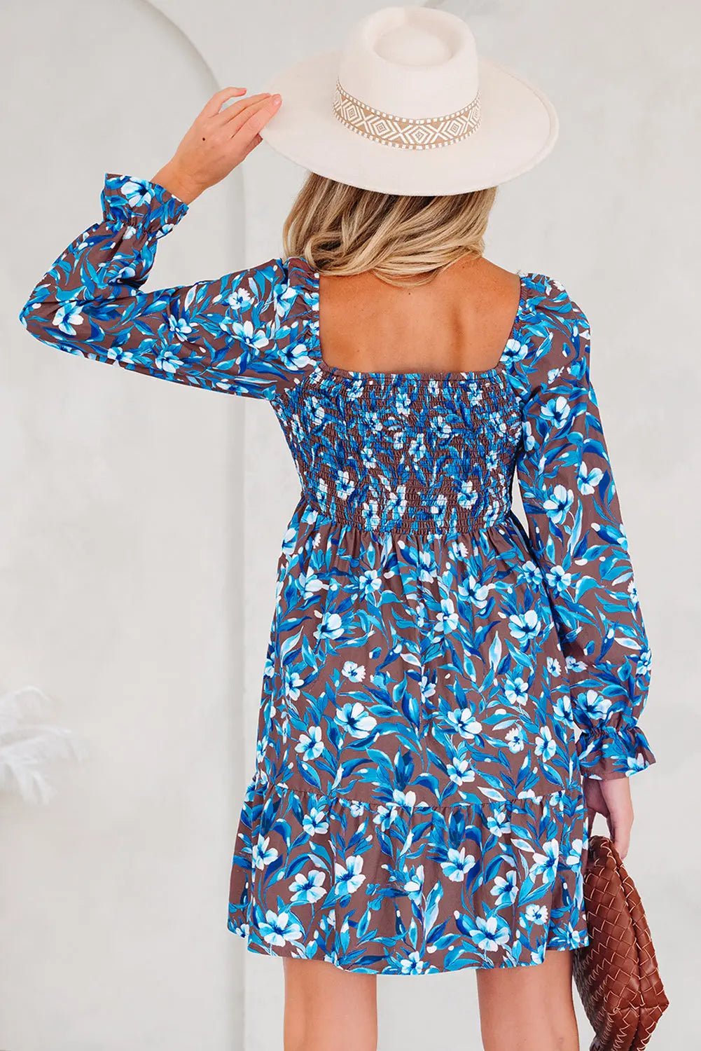 Blue Smocked Bodice High Waist Ruffled Sleeve Floral Dress Markonline