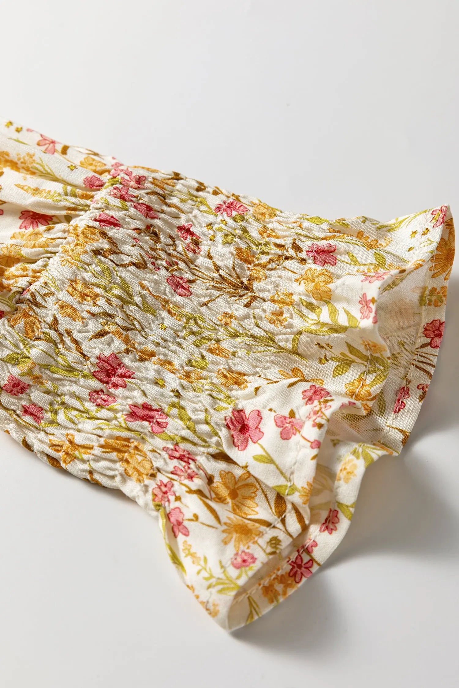 Yellow Floral Print Frilly Trim Smocked Cuff Long Sleeve Loose Shirt Dress Markonline