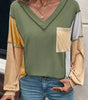 Jungle Green Exposed Stitching Colorblock V Neck Long Sleeve Top Markonline