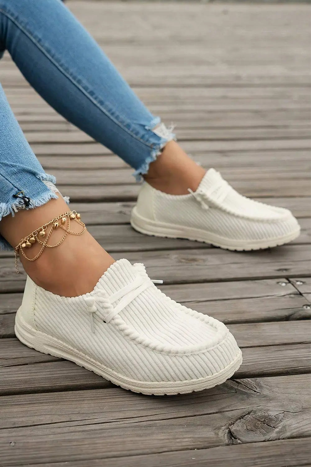 White Solid Ribbed Criss Cross Slip On Casual Shoes Markonline