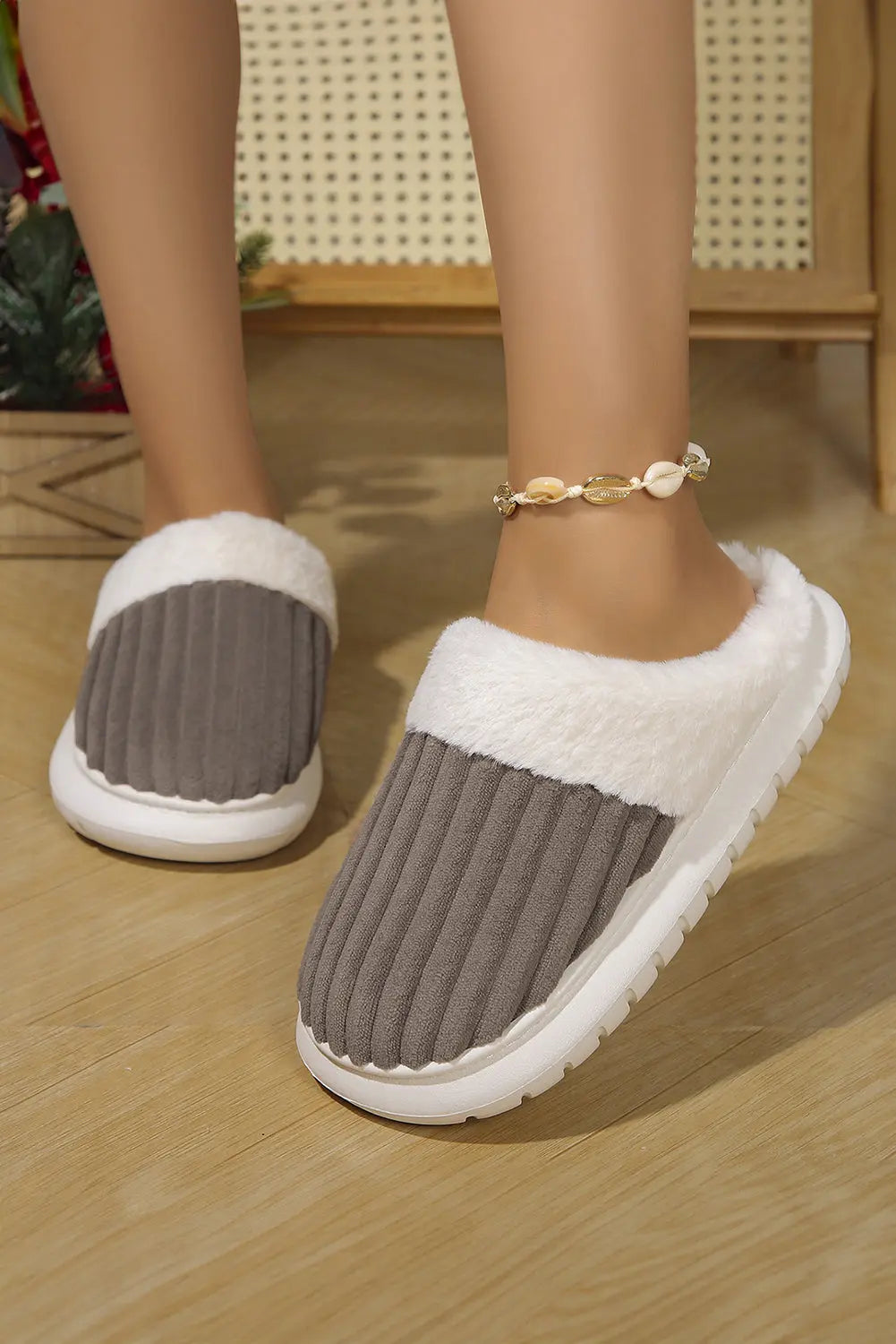 Dark Grey Ribbed Plush Color Block Winter Slippers