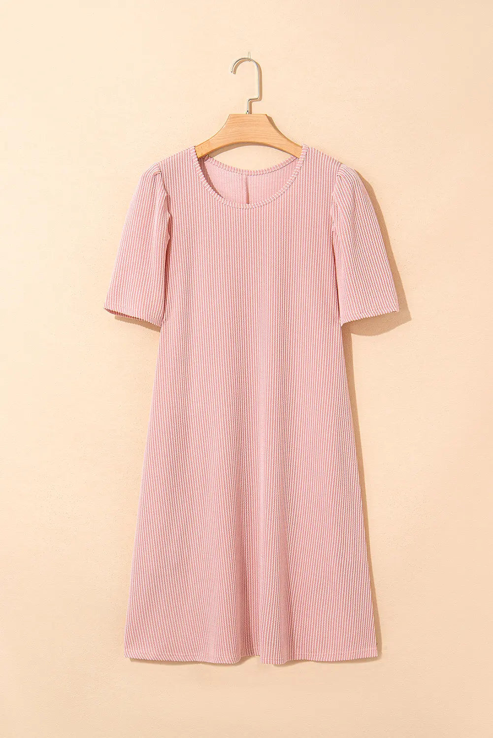 Blossom Corded Knit Crew Neck Puff Sleeve Shift Mini Dress Markonline