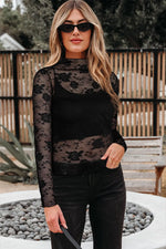 Black Sheer Floral Lace Mesh Mock Neck Long Sleeve Top Dear-Lover Dropshipping