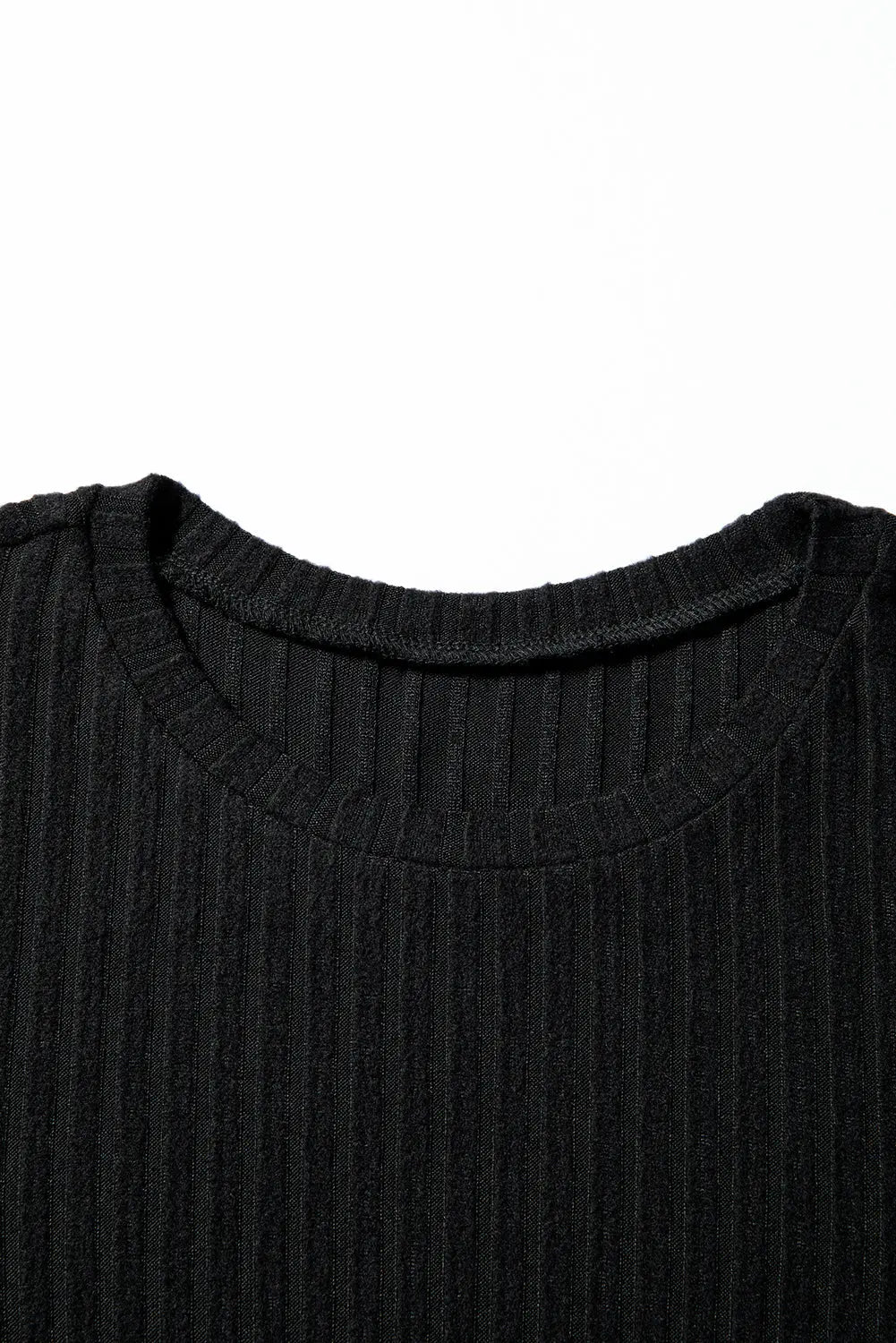 Black Ribbed Texture Round Neck Long Sleeve Rounded Hem Knit Top Markonline