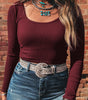 Coffee Ribbed Solid Color U Neck Cropped Long Sleeve Top Dear-Lover Dropshipping