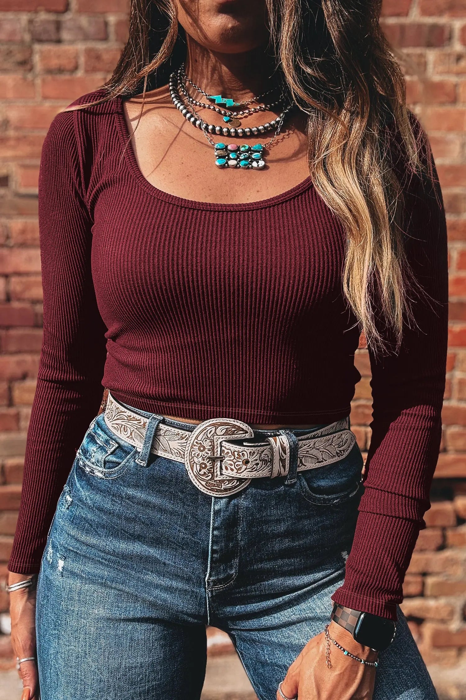 Coffee Ribbed Solid Color U Neck Cropped Long Sleeve Top Dear-Lover Dropshipping