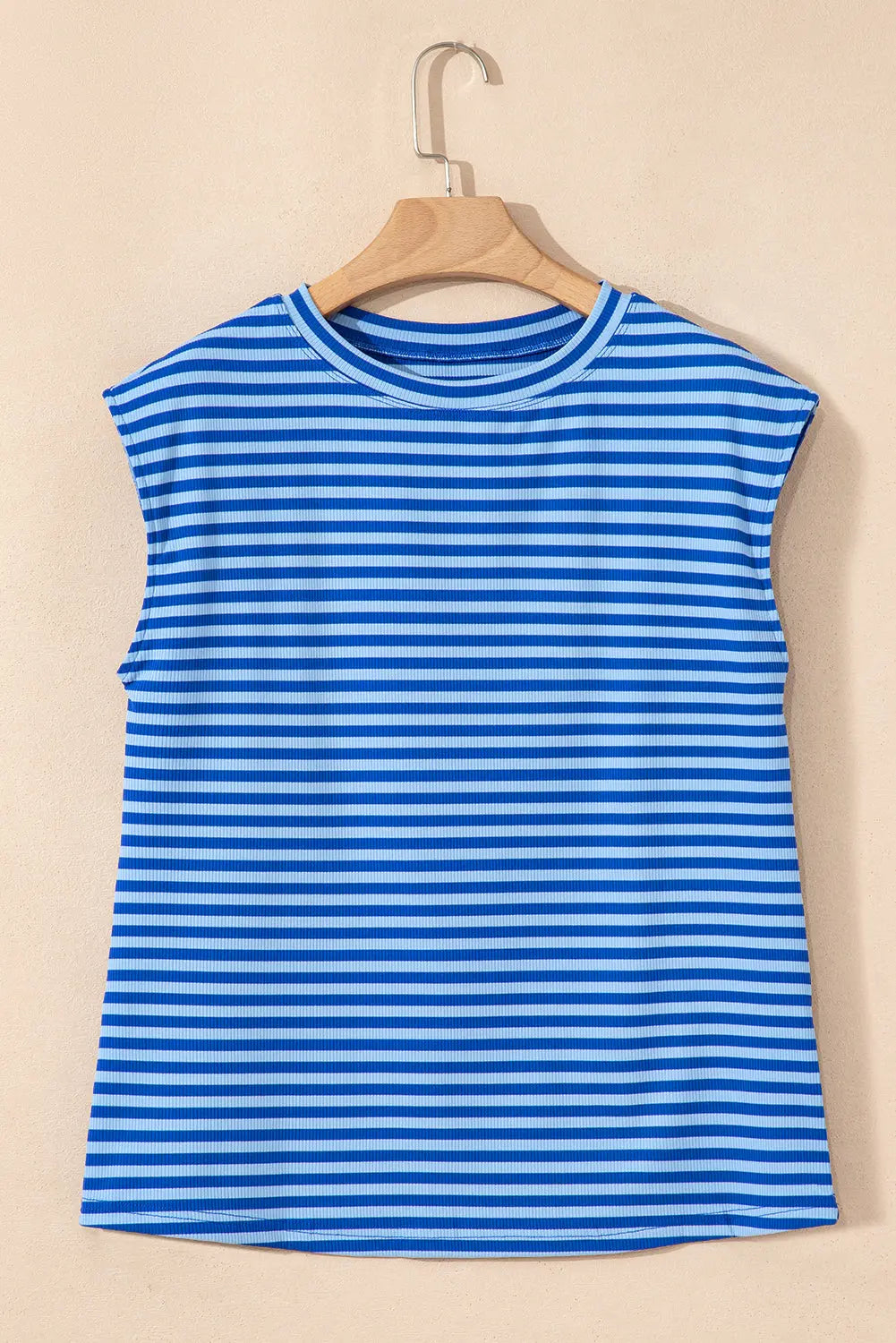 Sky Blue Stripe Ribbed Cap Sleeve Round Neck T Shirt Markonline