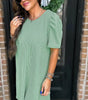 Mint Green Corded Knit Crew Neck Puff Sleeve Shift Mini Dress Markonline