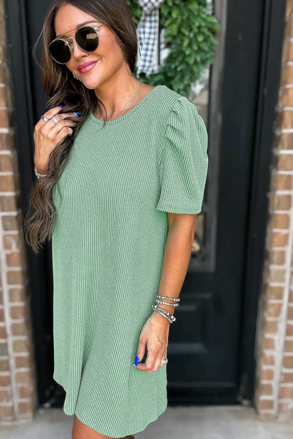 Mint Green Corded Knit Crew Neck Puff Sleeve Shift Mini Dress Markonline