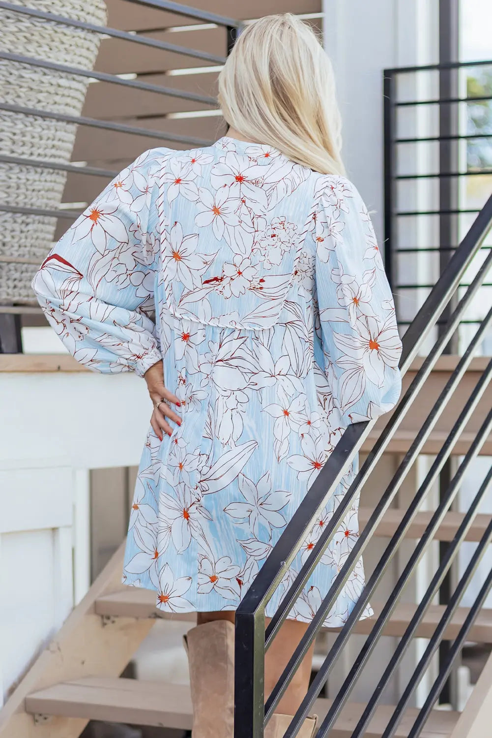 Brown Floral Print Tie Neck 3/4 Sleeve Mini Dress Markonline