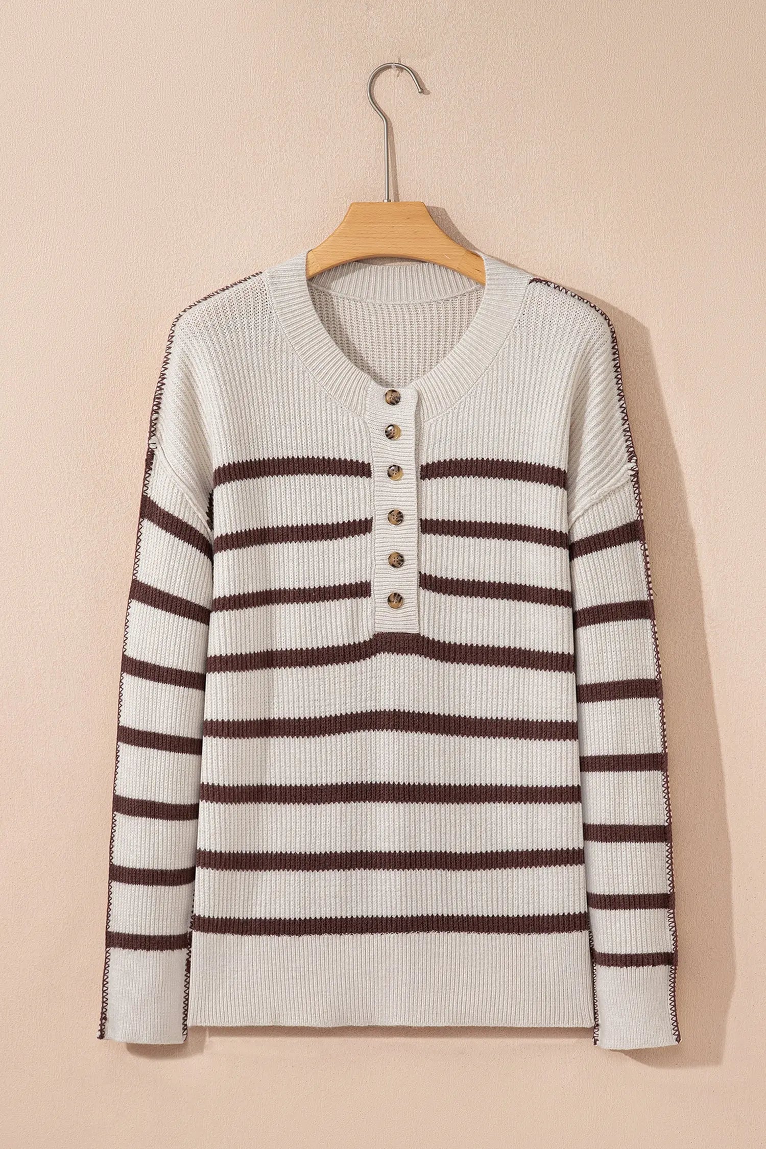 Brown Stripe Ribbed Henley Drop Shoulder Slouchy Sweater Dear-Lover Dropshipping