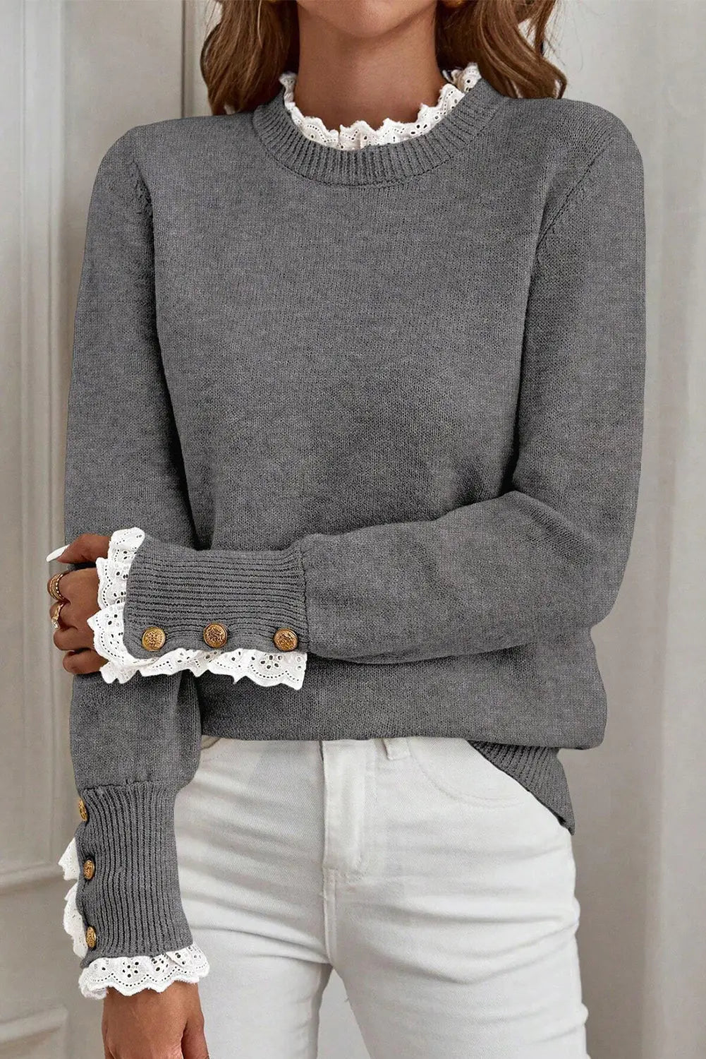 Sleet Lace Trim Patchwork Buttoned Cuffs Loose Sweater Dear-Lover Dropshipping