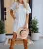 White Stripe Ruffled Short Sleeve Crew Neck T Shirt Shift Mini Dress Markonline
