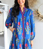 Sky Blue Floral Print Contrast Striped Trim Notched Neck Long Sleeve Dress Markonline