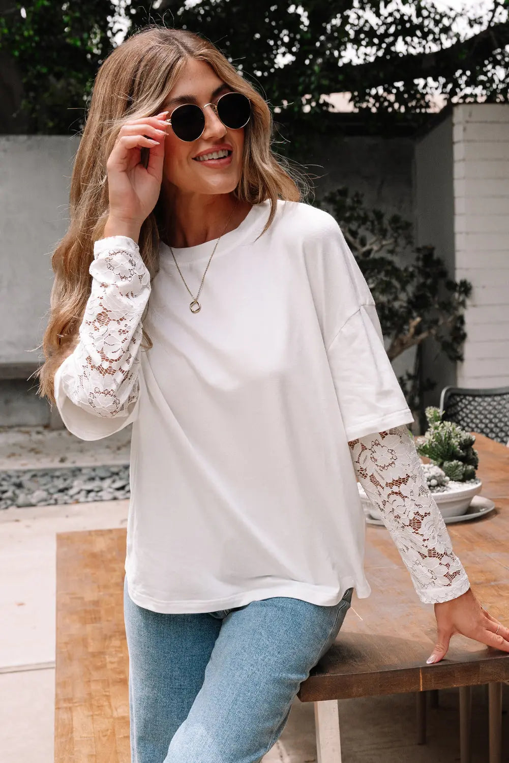 White Lace Long Sleeve Insert Drop Shoulder Tee Markonline